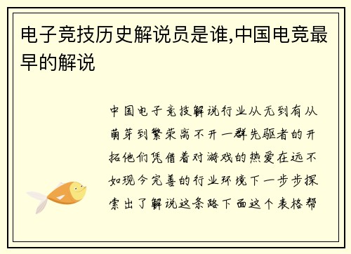 电子竞技历史解说员是谁,中国电竞最早的解说